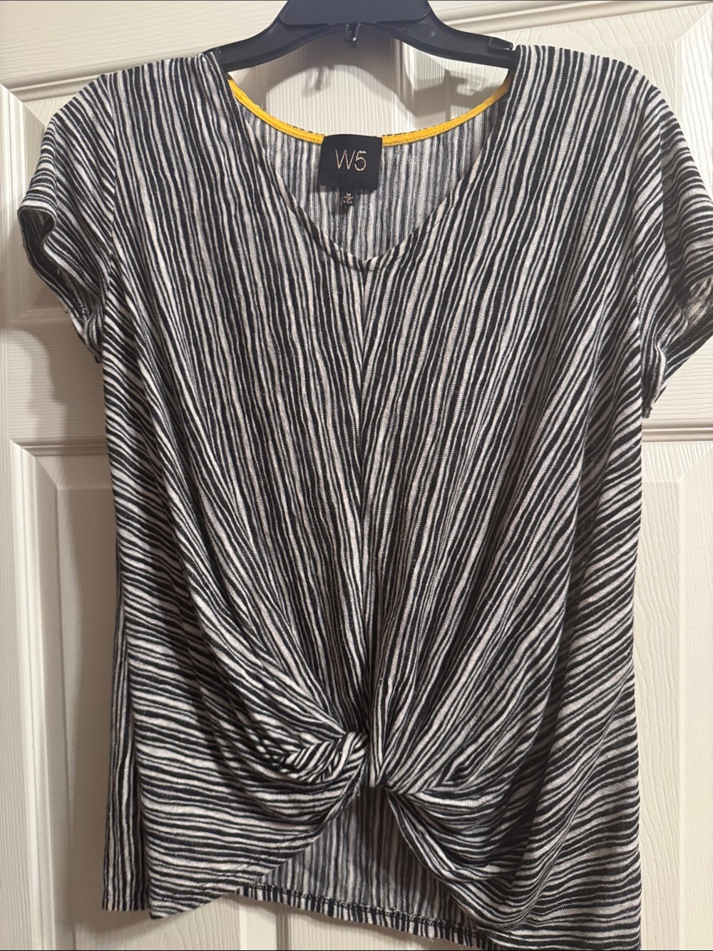 W5 Black & White Striped Twist-Front Short Sleeve Top with Yellow Trim